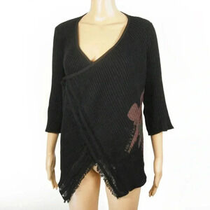 Vintage Cop.Copine Arvila Black Wrap Fringe Trim Long Sleeve Cardigan Top